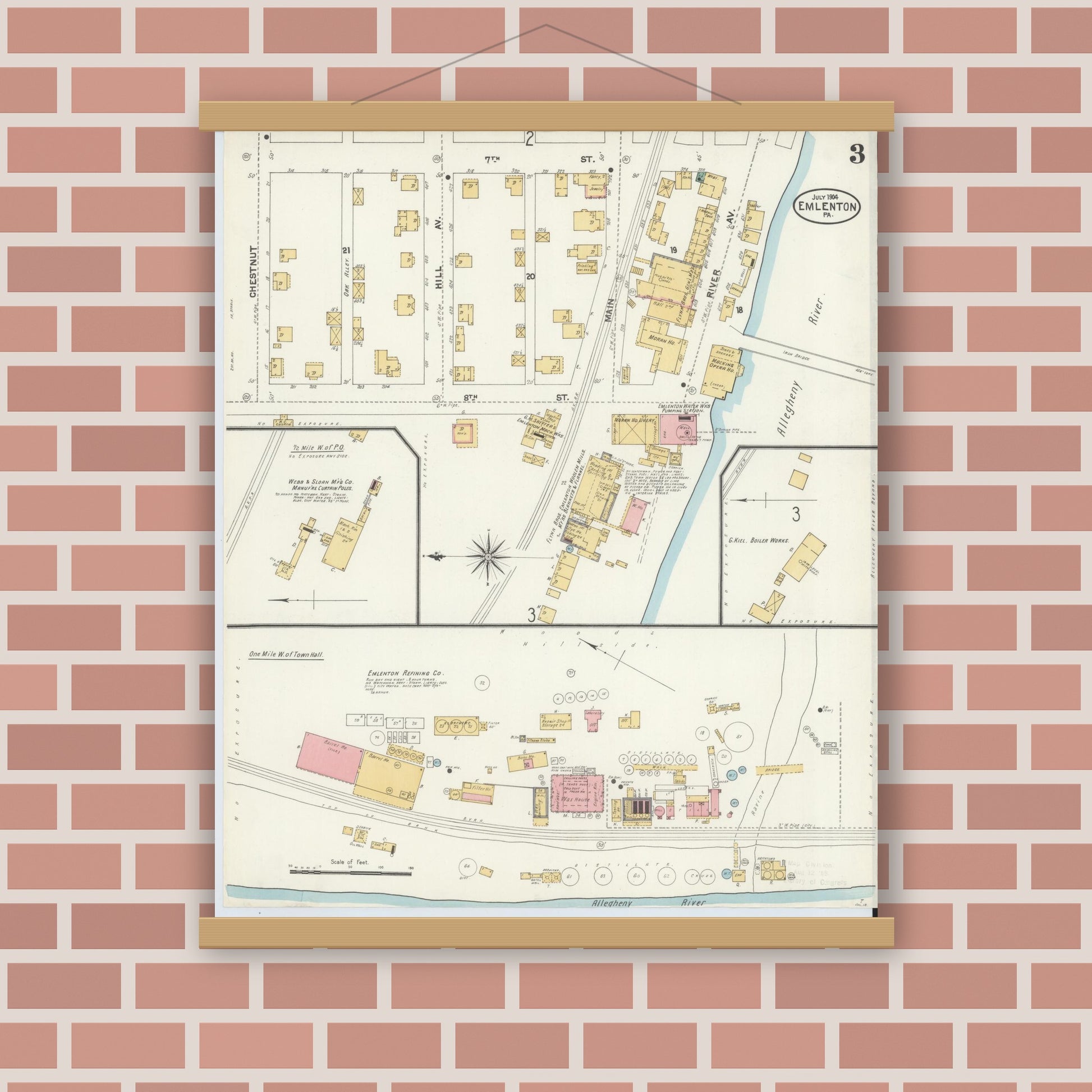 Old map wall art mockup — magnetic wood frame on brick wall — Sanborn Fire Insurance Map from Emlenton, Venango County, Pennsylvania (1904), Sheet #0003