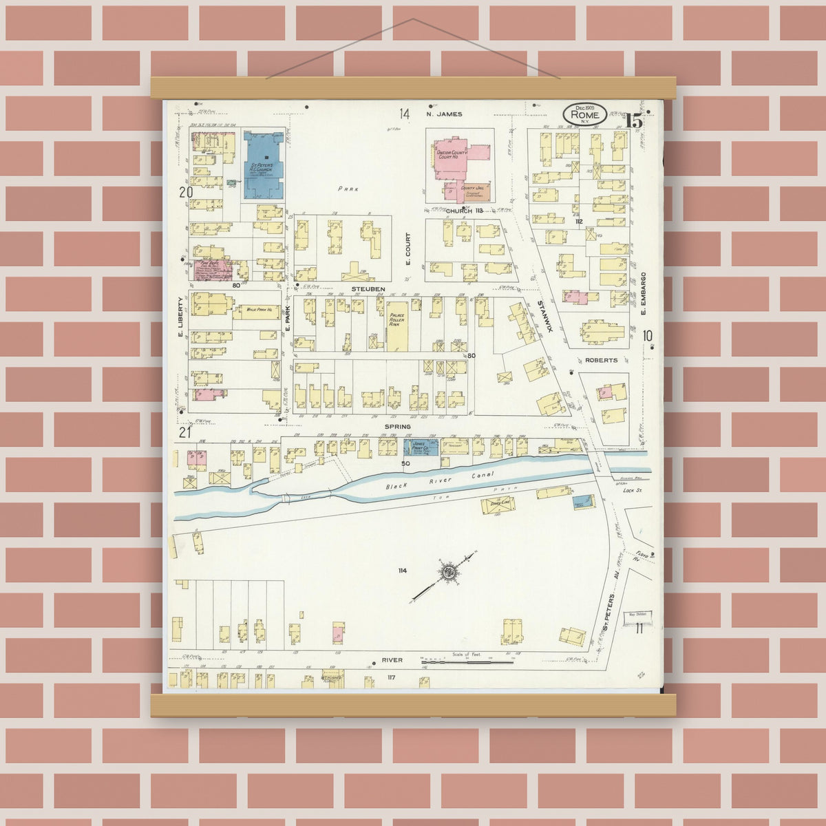 Old map wall art mockup — magnetic wood frame on brick wall — Sanborn Fire Insurance Map from Rome, Oneida County, New York (1909), Sheet #0015