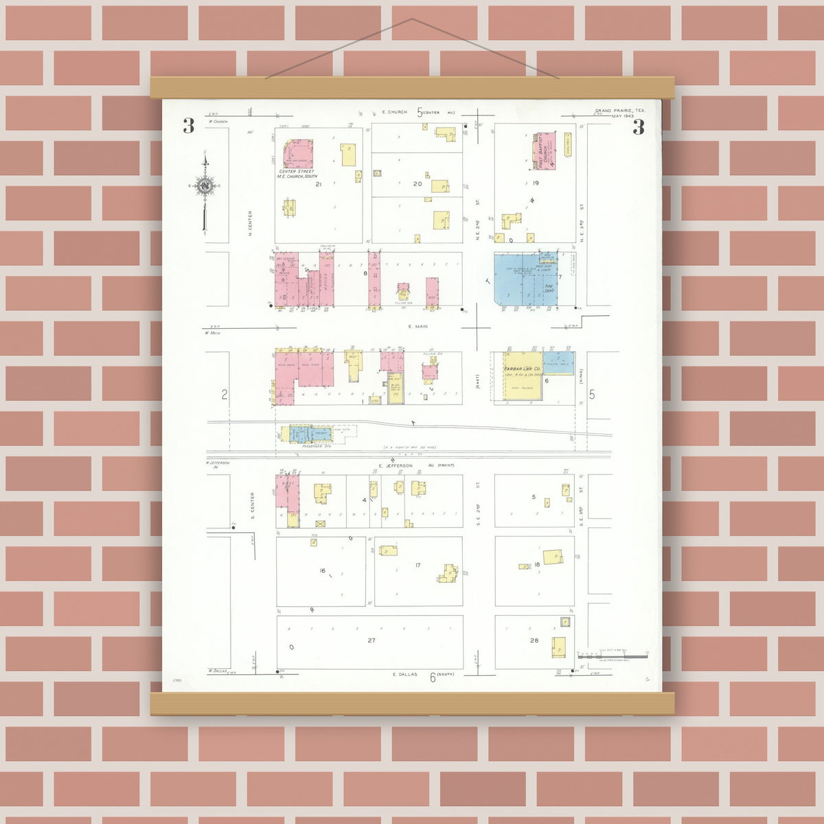 Old map wall art mockup — magnetic wood frame on brick wall — Sanborn Fire Insurance Map from Grand Prairie, Dallas County, Texas (1943), Sheet #0003