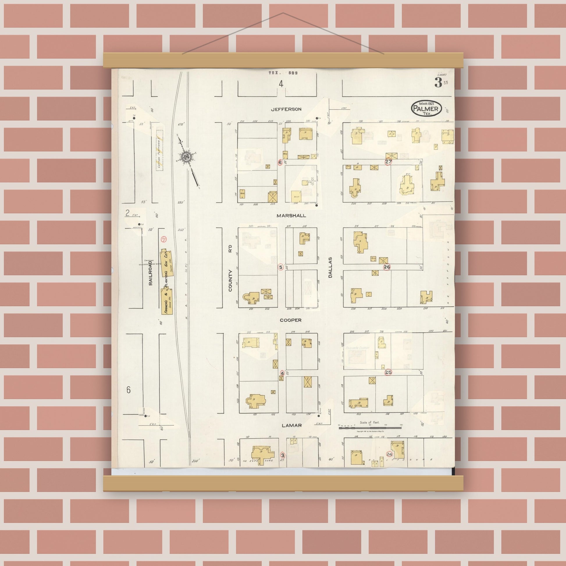 Old map wall art mockup — magnetic wood frame on brick wall — Sanborn Fire Insurance Map from Palmer, Ellis County, Texas (1936), Sheet #0003
