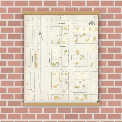 Old map wall art mockup — magnetic wood frame on brick wall — Sanborn Fire Insurance Map from Palmer, Ellis County, Texas (1936), Sheet #0003