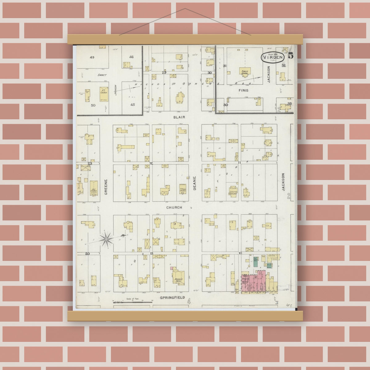 Old map wall art mockup — magnetic wood frame on brick wall — Sanborn Fire Insurance Map from Virden, Macoupin County, Illinois (1894), Sheet #0005