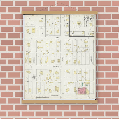 Old map wall art mockup — magnetic wood frame on brick wall — Sanborn Fire Insurance Map from Virden, Macoupin County, Illinois (1894), Sheet #0005