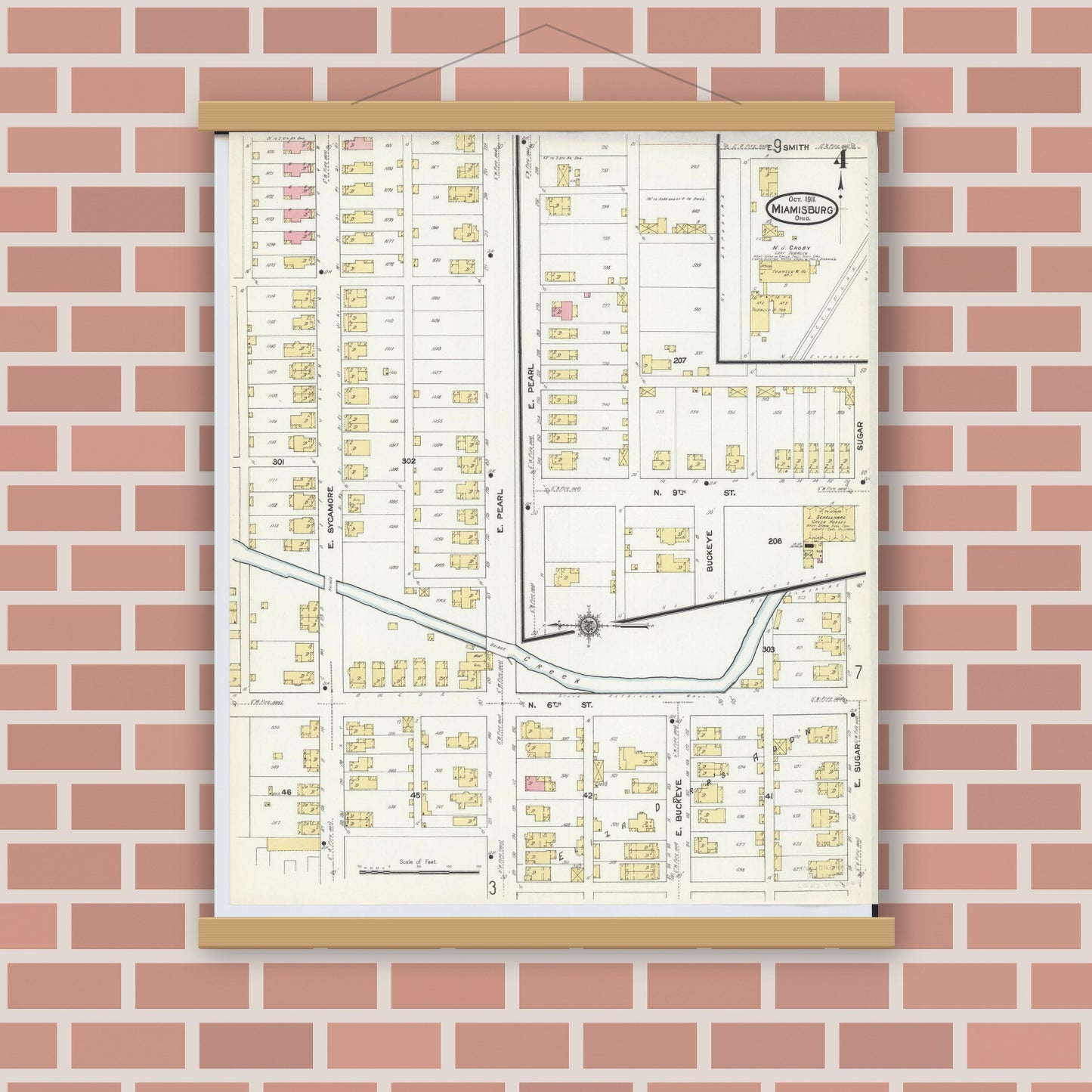 Old map wall art mockup — magnetic wood frame on brick wall — Sanborn Fire Insurance Map from Miamisburg, Montgomery County, Ohio (1911), Sheet #0004