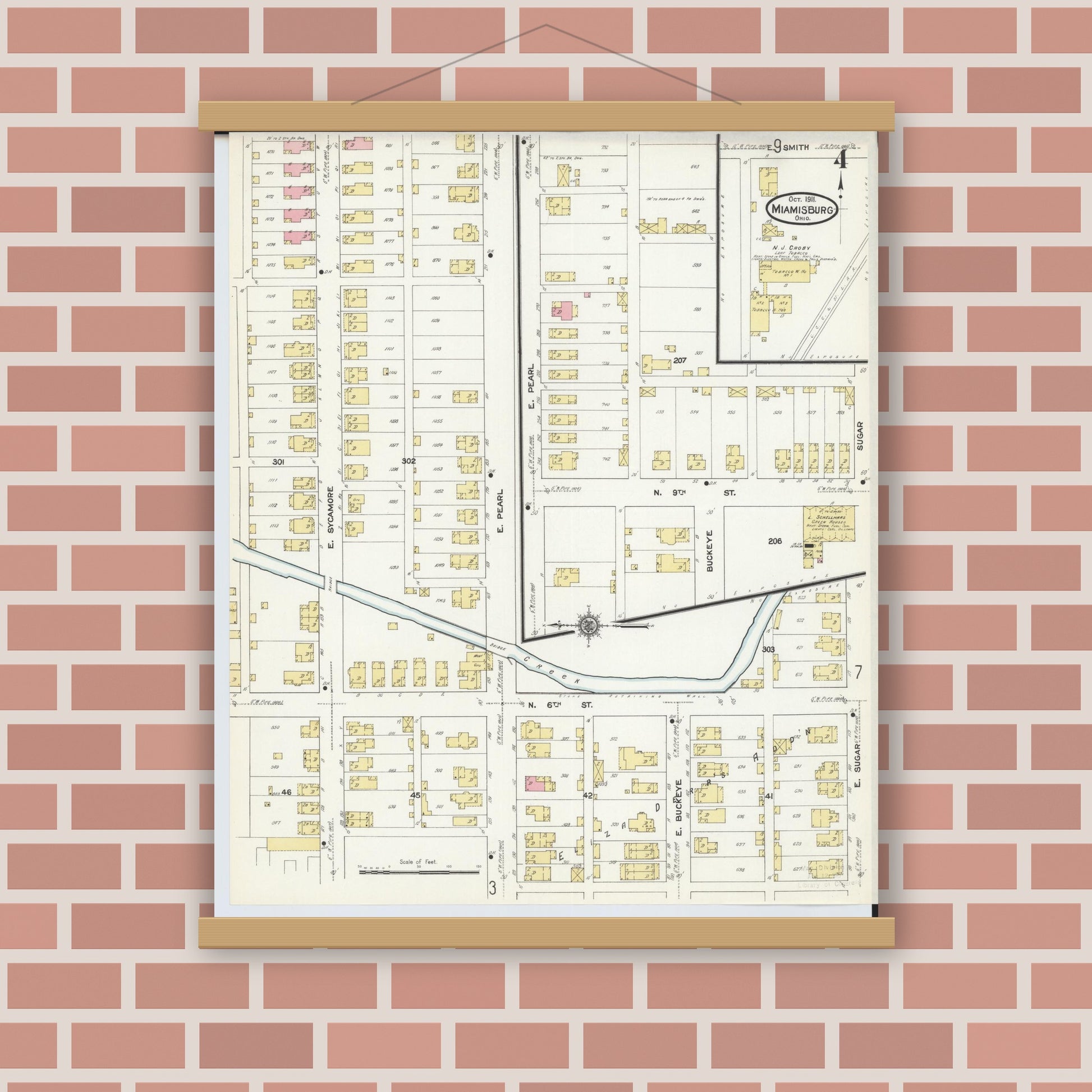 Old map wall art mockup — magnetic wood frame on brick wall — Sanborn Fire Insurance Map from Miamisburg, Montgomery County, Ohio (1911), Sheet #0004