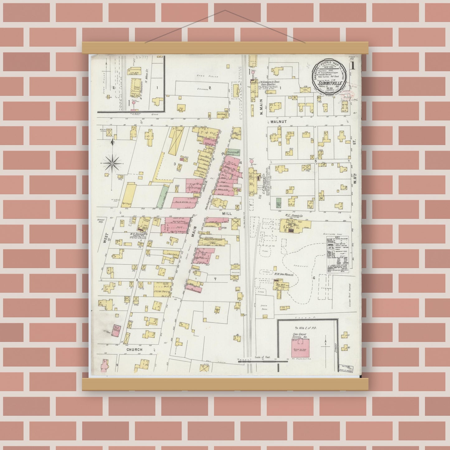 Old map wall art mockup — magnetic wood frame on brick wall — Sanborn Fire Insurance Map from Summitville, Madison County, Indiana (1896) - Complete Map Set