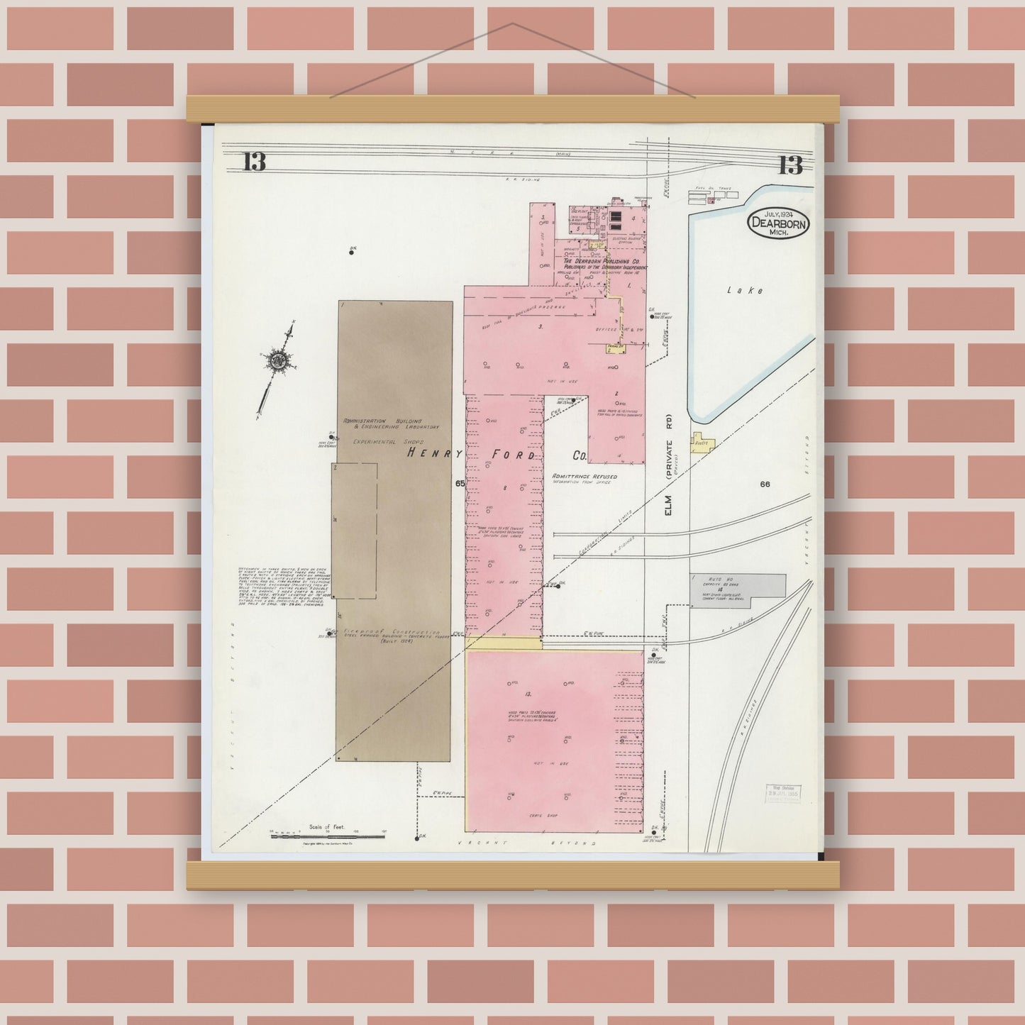 Old map wall art mockup — magnetic wood frame on brick wall — Sanborn Fire Insurance Map from Dearborn, Wayne County, Michigan (1924), Sheet #0013