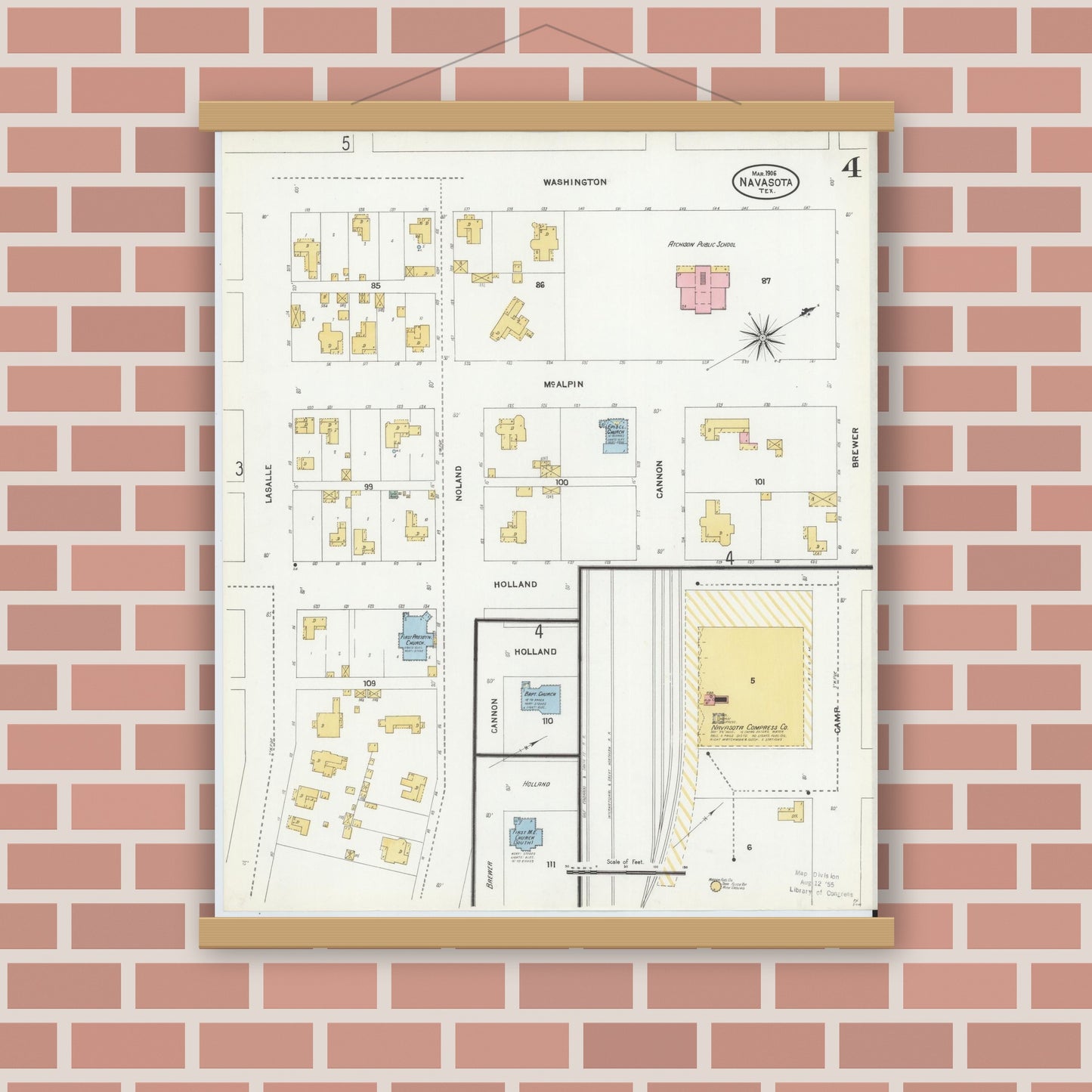 Old map wall art mockup — magnetic wood frame on brick wall — Sanborn Fire Insurance Map from Navasota, Grimes County, Texas (1906), Sheet #0004