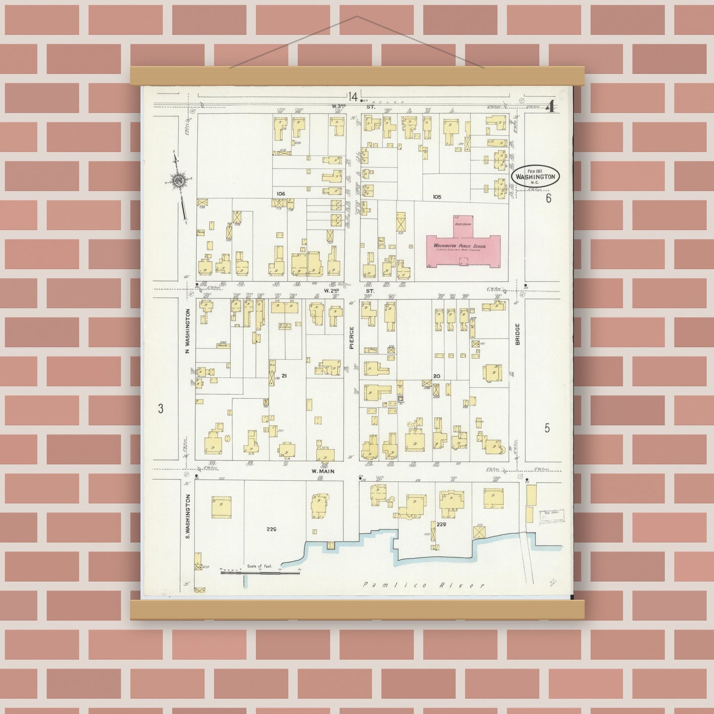 Old map wall art mockup — magnetic wood frame on brick wall — Sanborn Fire Insurance Map from Washington, Beaufort County, North Carolina (1911), Sheet #0004