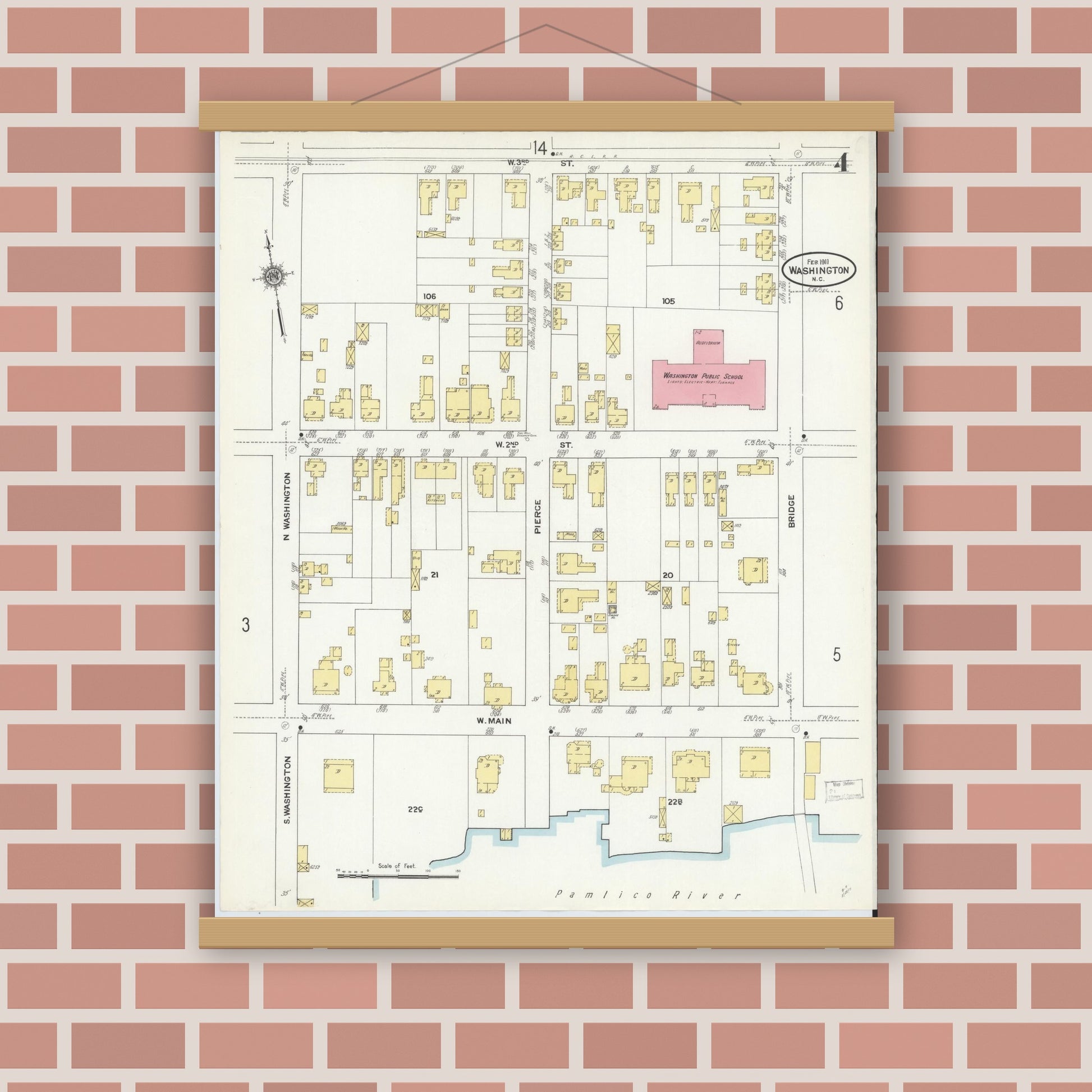 Old map wall art mockup — magnetic wood frame on brick wall — Sanborn Fire Insurance Map from Washington, Beaufort County, North Carolina (1911), Sheet #0004