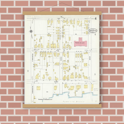 Old map wall art mockup — magnetic wood frame on brick wall — Sanborn Fire Insurance Map from Washington, Beaufort County, North Carolina (1911), Sheet #0004
