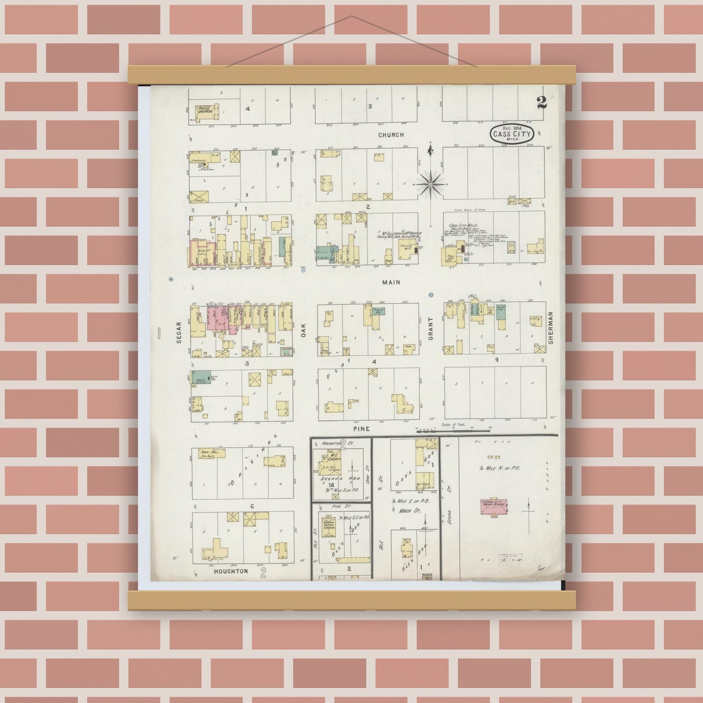 Old map wall art mockup — magnetic wood frame on brick wall — Sanborn Fire Insurance Map from Cass City, Tuscola County, Michigan (1894), Sheet #0002