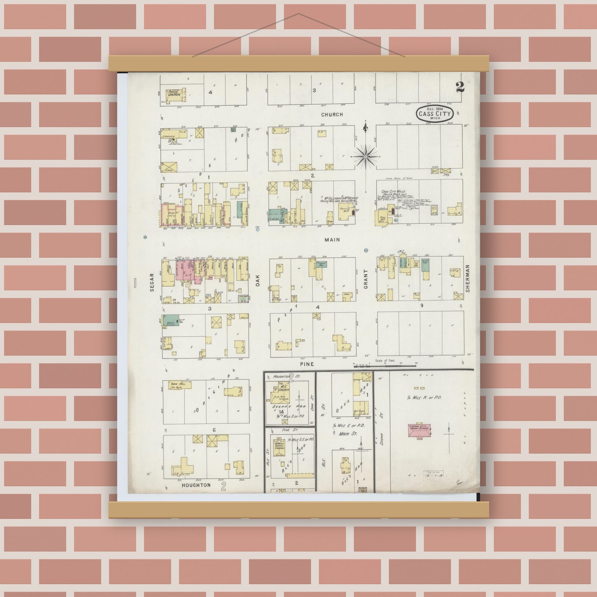 Old map wall art mockup — magnetic wood frame on brick wall — Sanborn Fire Insurance Map from Cass City, Tuscola County, Michigan (1894), Sheet #0002