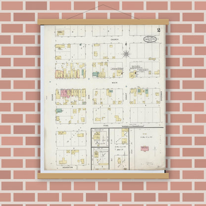 Old map wall art mockup — magnetic wood frame on brick wall — Sanborn Fire Insurance Map from Cass City, Tuscola County, Michigan (1894), Sheet #0002