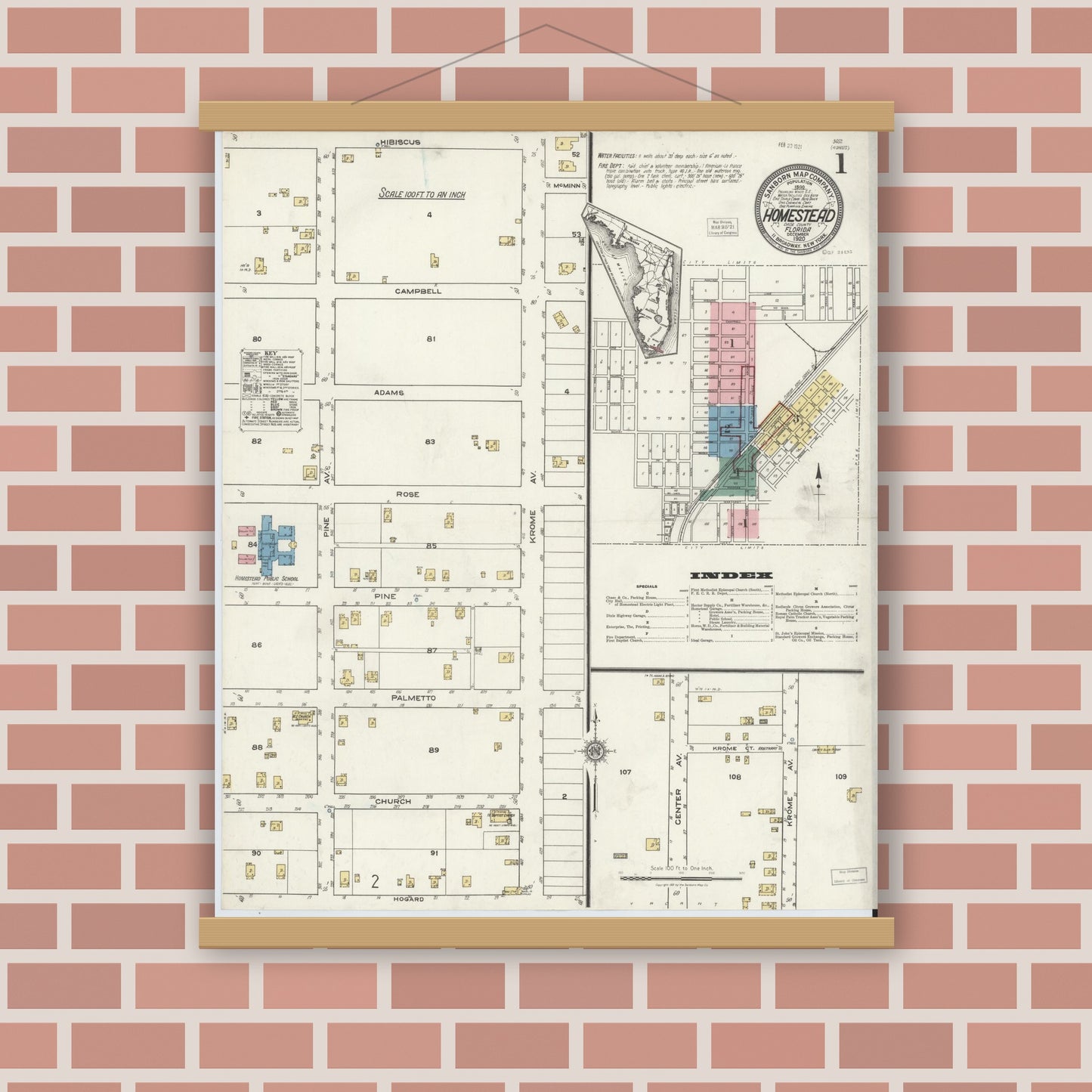 Old map wall art mockup — magnetic wood frame on brick wall — Sanborn Fire Insurance Map from Holmestead, Dade County, Florida (1920), Sheet #0001