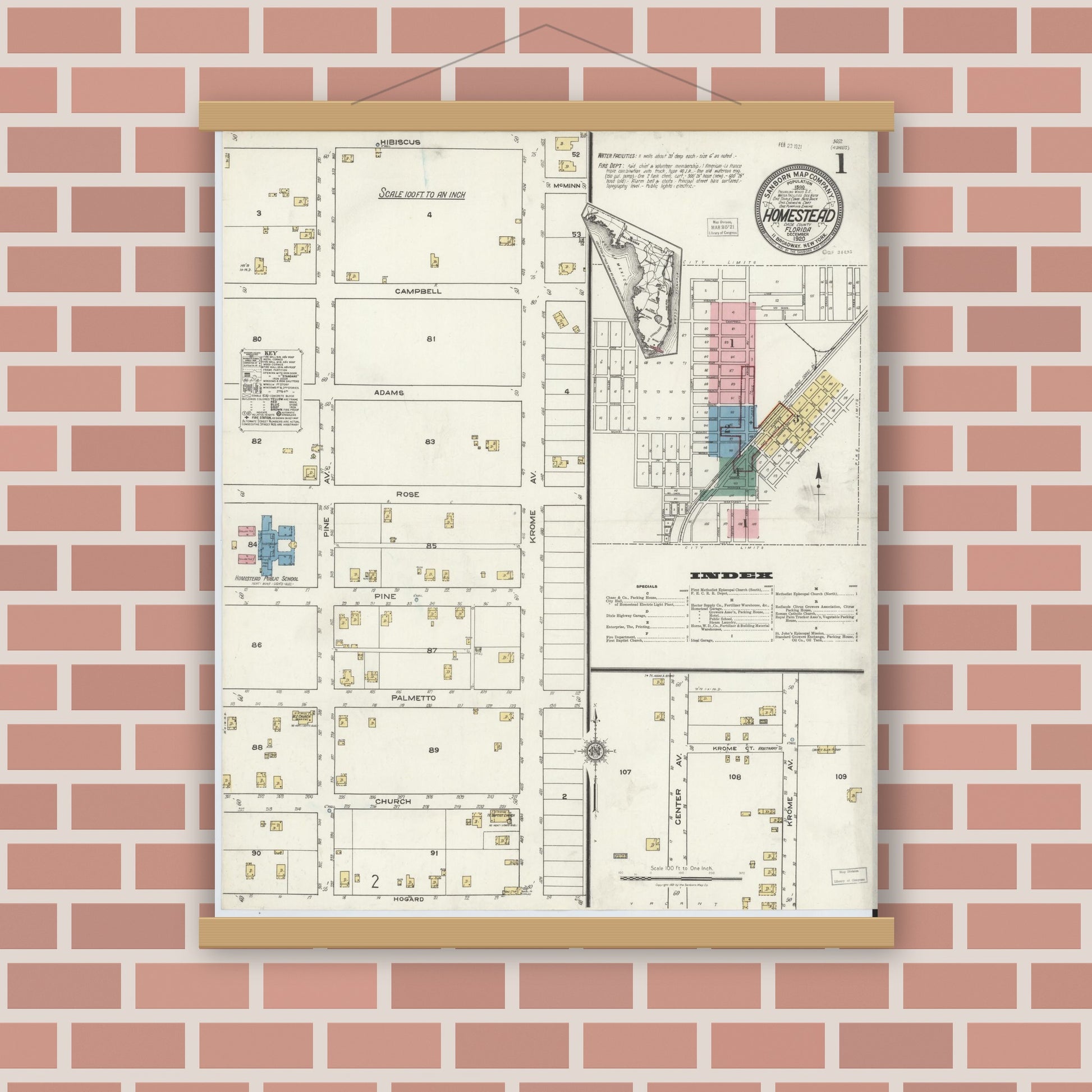 Old map wall art mockup — magnetic wood frame on brick wall — Sanborn Fire Insurance Map from Holmestead, Dade County, Florida (1920), Sheet #0001