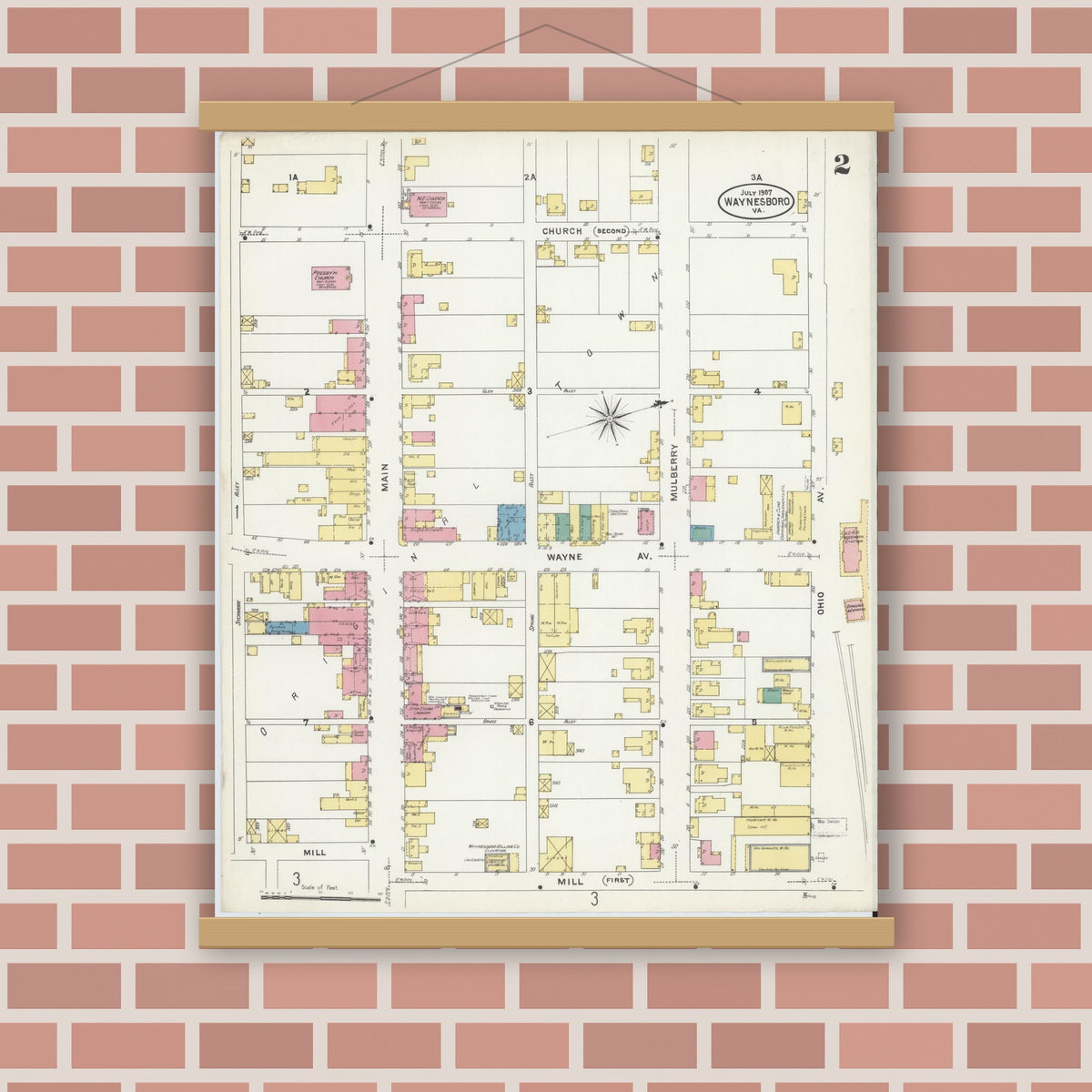 Old map wall art mockup — magnetic wood frame on brick wall — Sanborn Fire Insurance Map from Waynesboro, Independent Cities, Virginia (1907), Sheet #0002