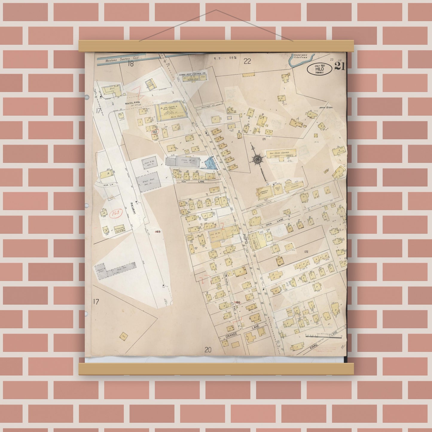 Old map wall art mockup — magnetic wood frame on brick wall — Sanborn Fire Insurance Map from Hilo, Hawaii County, Hawaii (1957), Sheet #0021