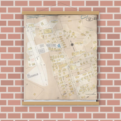 Old map wall art mockup — magnetic wood frame on brick wall — Sanborn Fire Insurance Map from Hilo, Hawaii County, Hawaii (1957), Sheet #0021