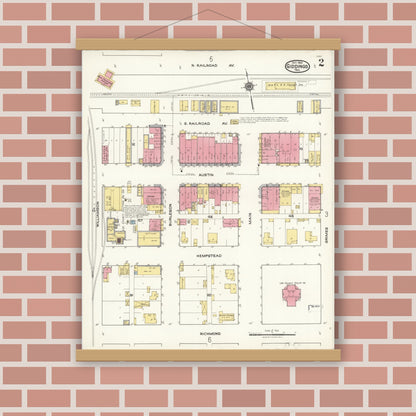 Old map wall art mockup — magnetic wood frame on brick wall — Sanborn Fire Insurance Map from Giddings, Lee County, Texas (1921), Sheet #0002
