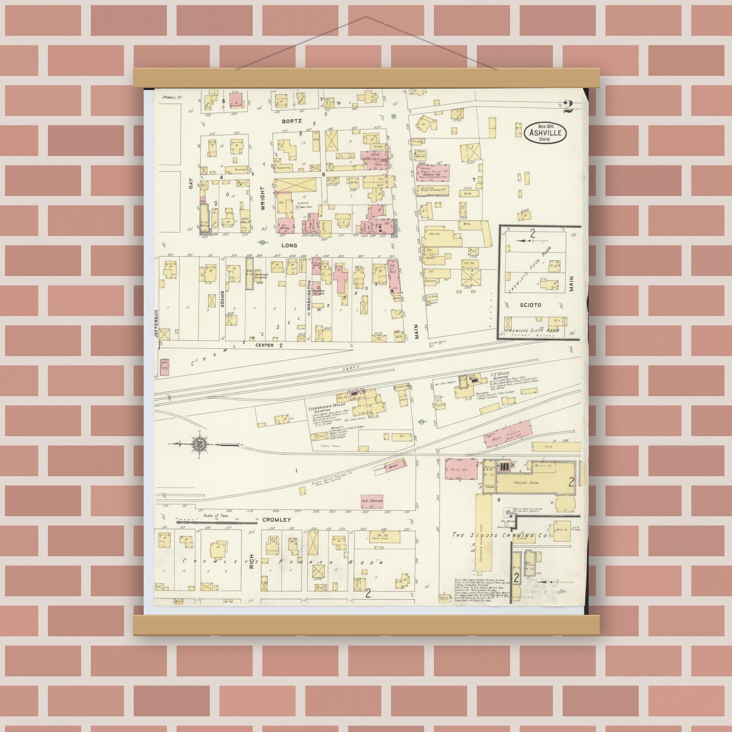 Old map wall art mockup — magnetic wood frame on brick wall — Sanborn Fire Insurance Map from Ashville, Pickaway County, Ohio (1910), Sheet #0002