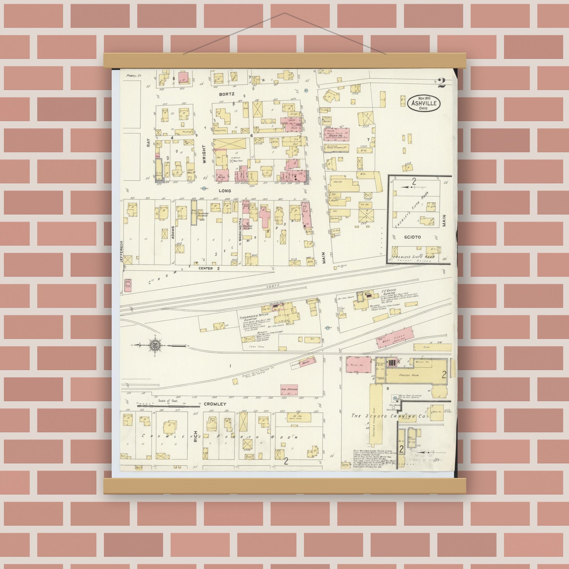 Old map wall art mockup — magnetic wood frame on brick wall — Sanborn Fire Insurance Map from Ashville, Pickaway County, Ohio (1910), Sheet #0002