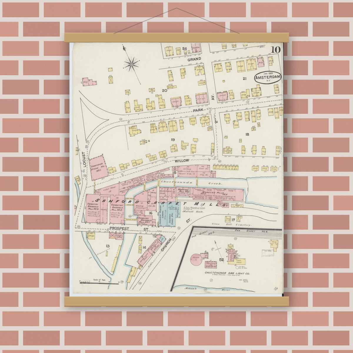 Old map wall art mockup — magnetic wood frame on brick wall — Sanborn Fire Insurance Map from Amsterdam, Montgomery County, New York (1888), Sheet #0010