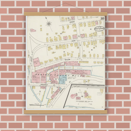 Old map wall art mockup — magnetic wood frame on brick wall — Sanborn Fire Insurance Map from Amsterdam, Montgomery County, New York (1888), Sheet #0010