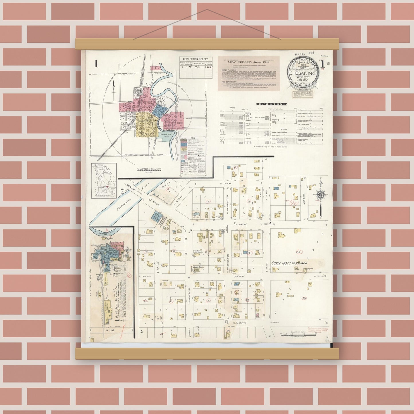 Old map wall art mockup — magnetic wood frame on brick wall — Sanborn Fire Insurance Map from Chesaning, Saginaw County, Michigan (1944), Sheet #0001