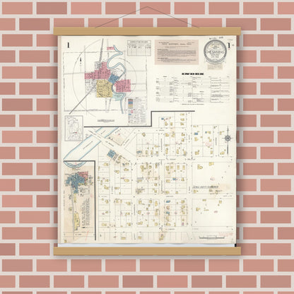 Old map wall art mockup — magnetic wood frame on brick wall — Sanborn Fire Insurance Map from Chesaning, Saginaw County, Michigan (1944), Sheet #0001