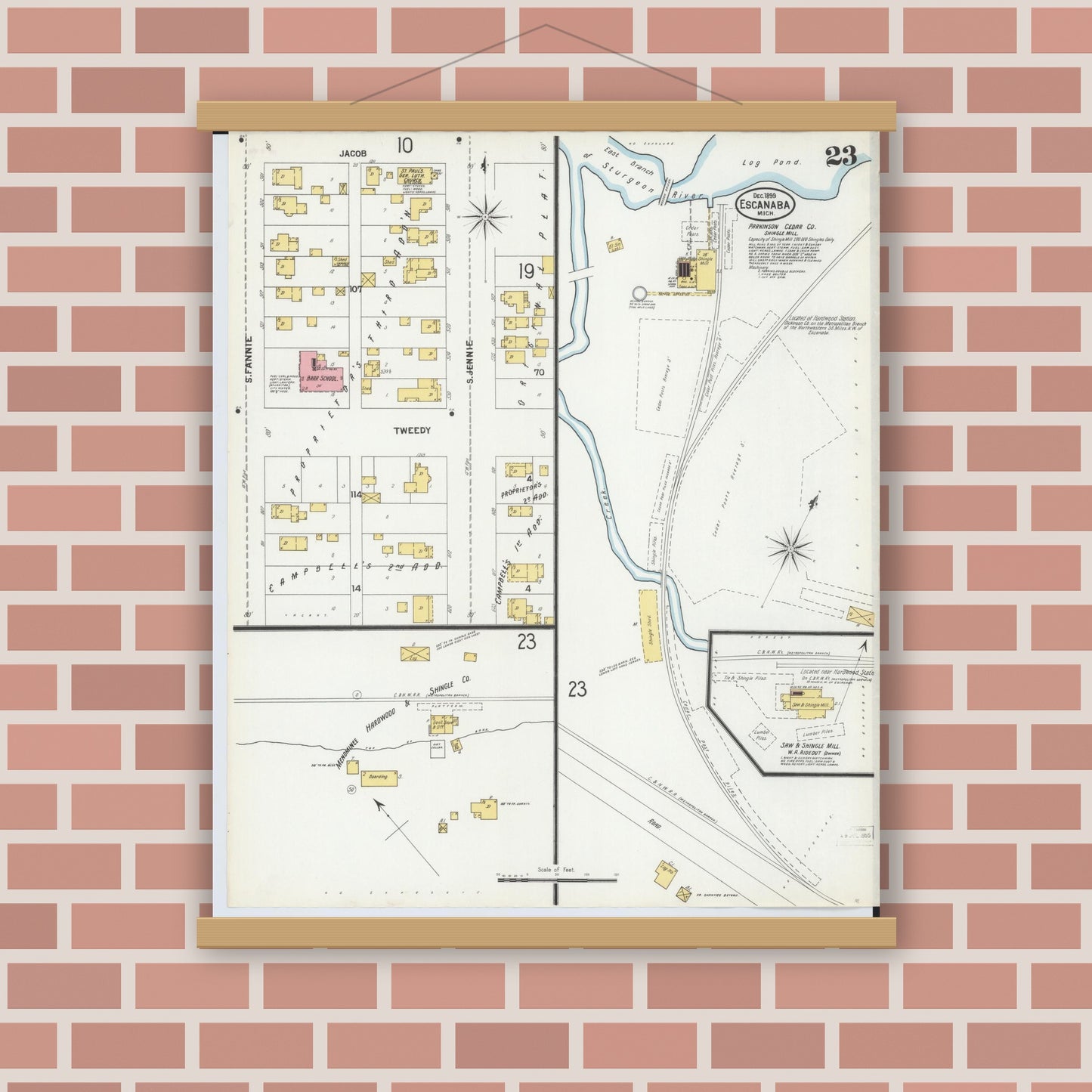 Old map wall art mockup — magnetic wood frame on brick wall — Sanborn Fire Insurance Map from Escanaba, Delta County, Michigan (1899), Sheet #0023