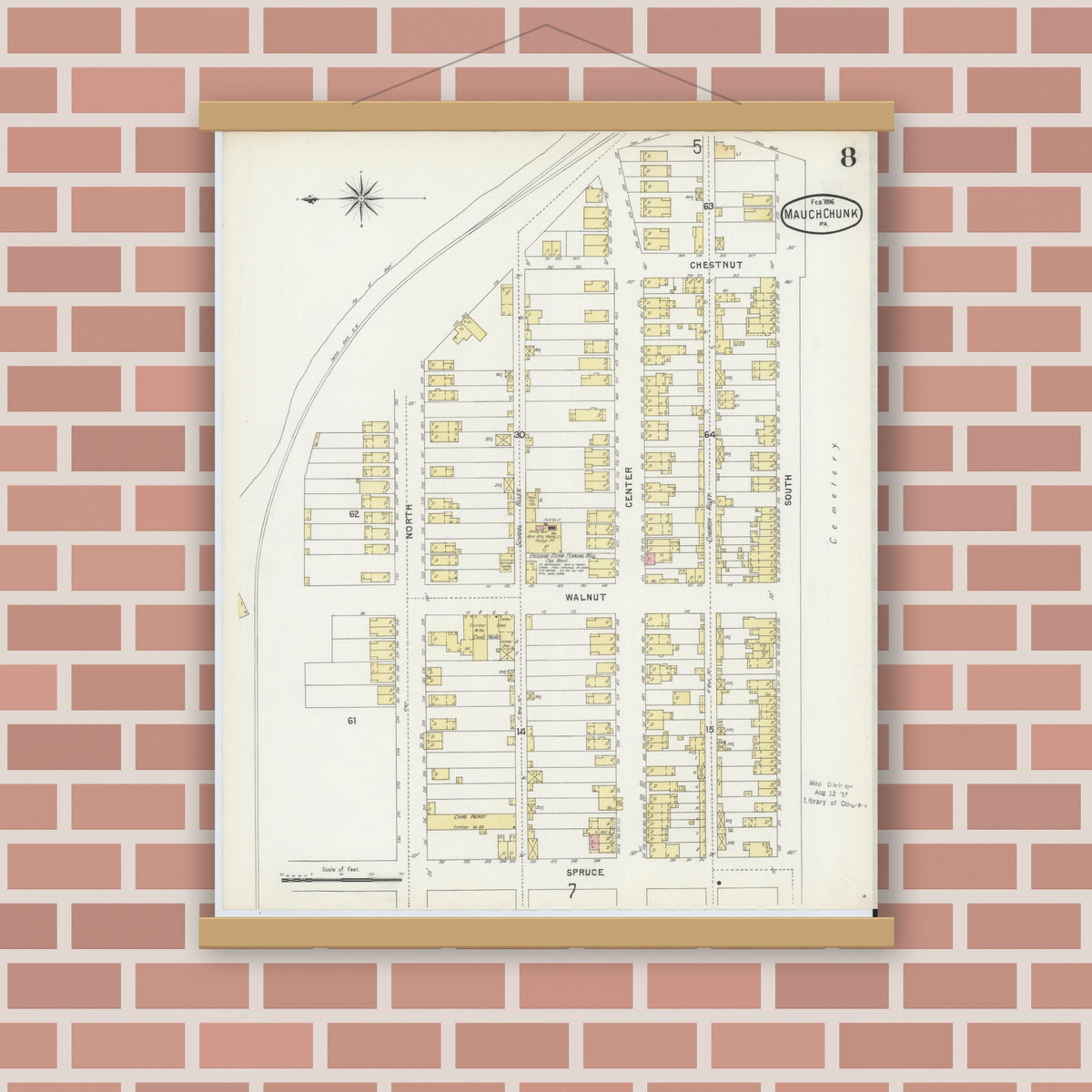 Old map wall art mockup — magnetic wood frame on brick wall — Sanborn Fire Insurance Map from Mauch Chunk, Carbon County, Pennsylvania (1896), Sheet #0008