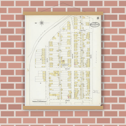 Old map wall art mockup — magnetic wood frame on brick wall — Sanborn Fire Insurance Map from Mauch Chunk, Carbon County, Pennsylvania (1896), Sheet #0008