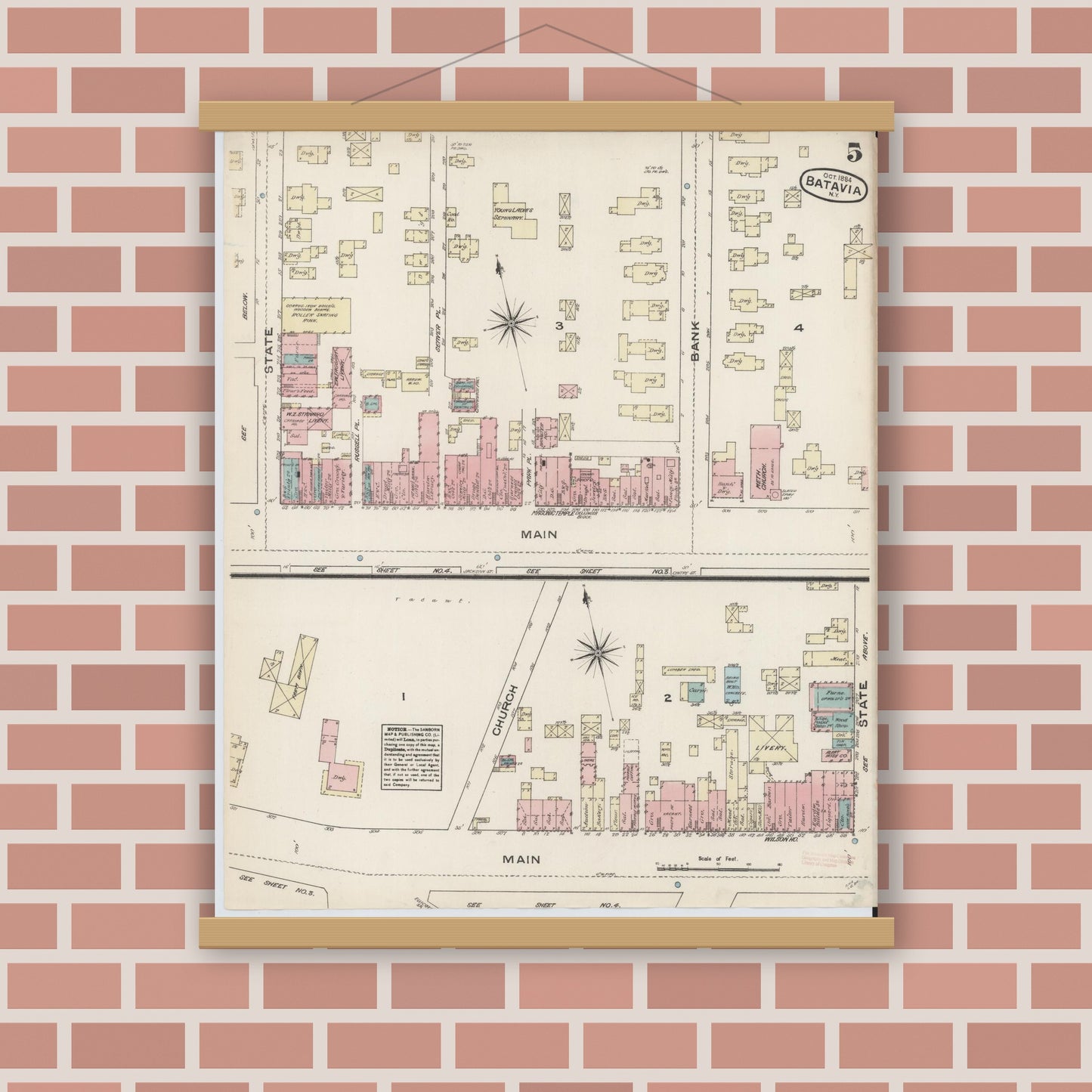 Old map wall art mockup — magnetic wood frame on brick wall — Sanborn Fire Insurance Map from Batavia, Genesee County, New York (1884), Sheet #0005