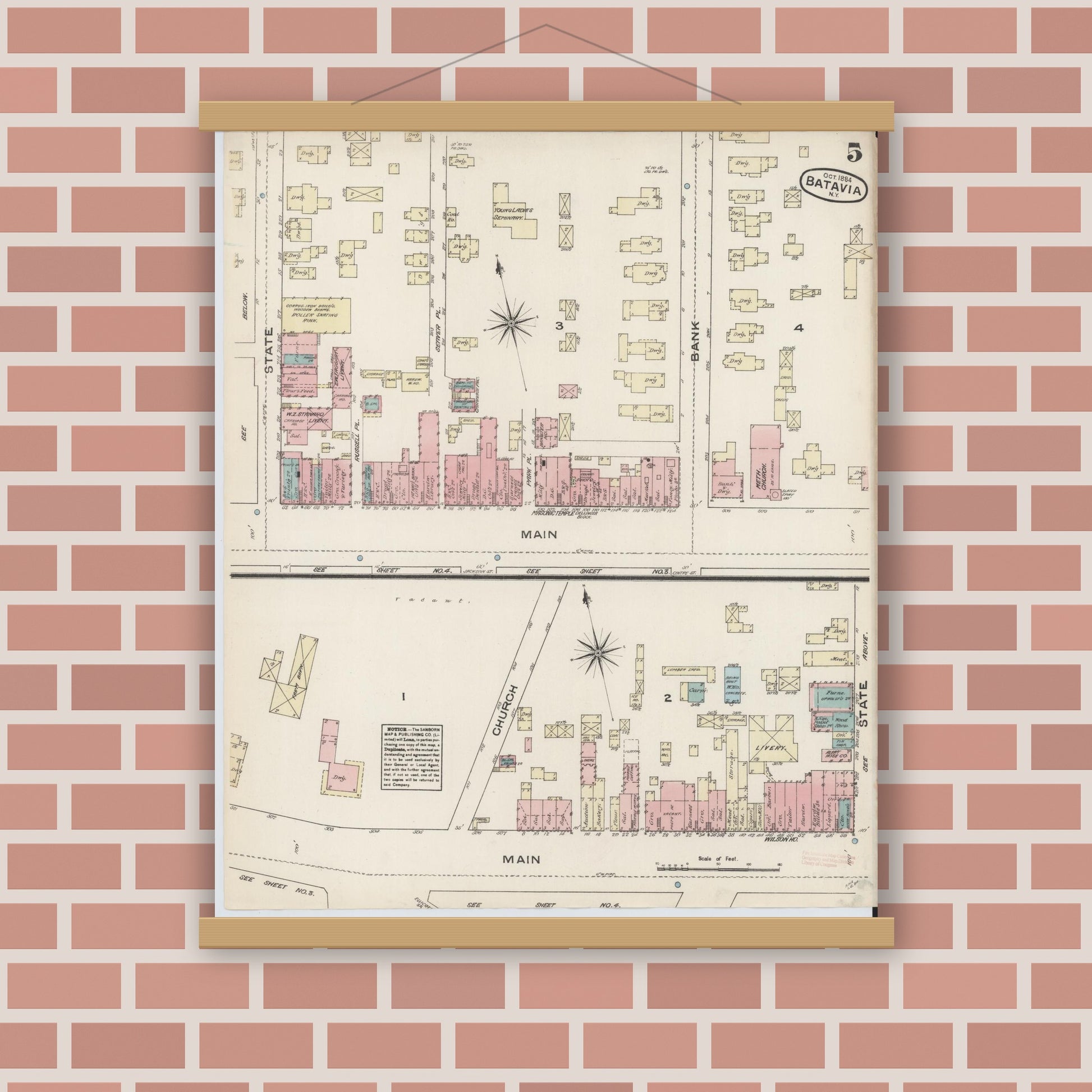Old map wall art mockup — magnetic wood frame on brick wall — Sanborn Fire Insurance Map from Batavia, Genesee County, New York (1884), Sheet #0005