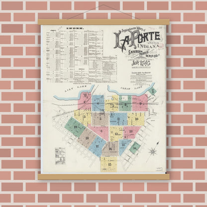 Old map wall art mockup — magnetic wood frame on brick wall — Sanborn Fire Insurance Map from La Porte, La Porte County, Indiana (1895), Sheet #0001