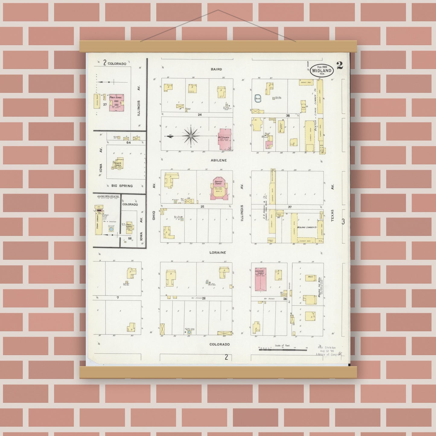 Old map wall art mockup — magnetic wood frame on brick wall — Sanborn Fire Insurance Map from Midland, Midland County, Texas (1909), Sheet #0002