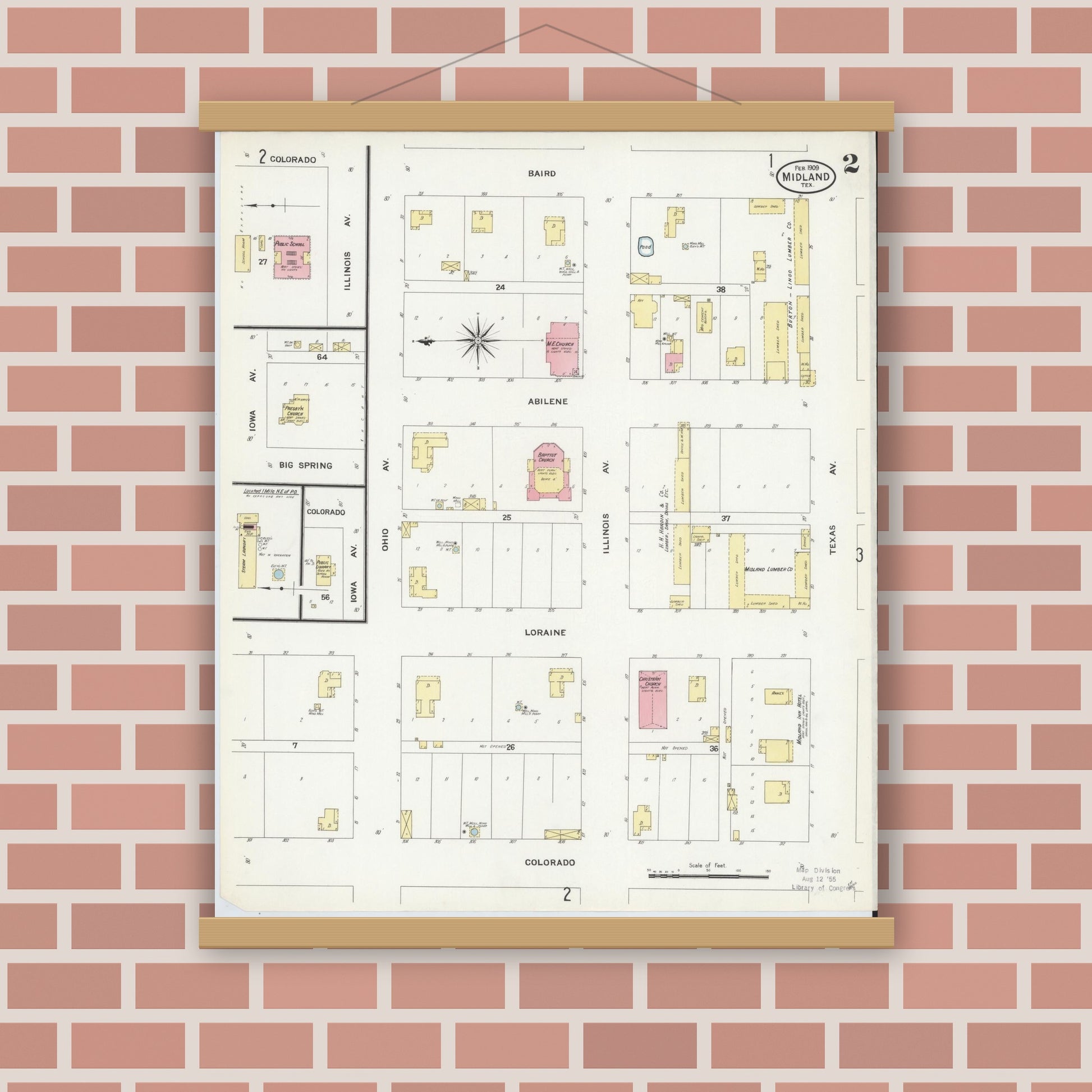 Old map wall art mockup — magnetic wood frame on brick wall — Sanborn Fire Insurance Map from Midland, Midland County, Texas (1909), Sheet #0002