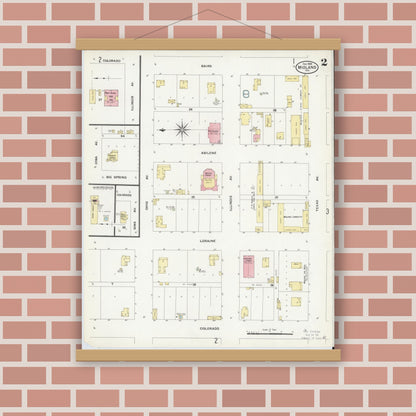 Old map wall art mockup — magnetic wood frame on brick wall — Sanborn Fire Insurance Map from Midland, Midland County, Texas (1909), Sheet #0002