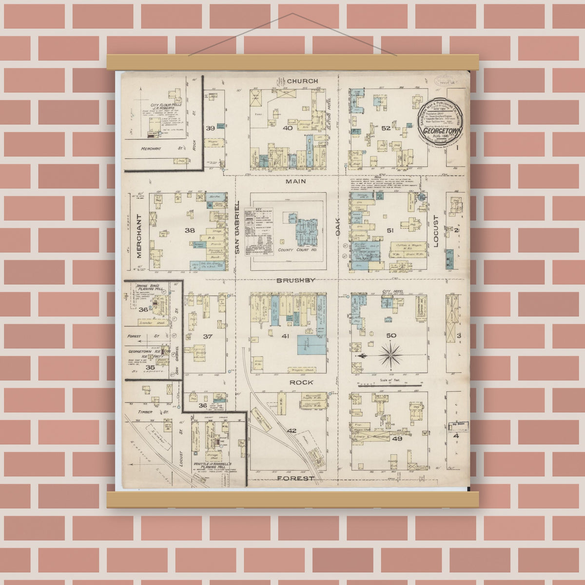 Old map wall art mockup — magnetic wood frame on brick wall — Sanborn Fire Insurance Map from Georgetown, Williamson County, Texas (1885), Sheet #0001