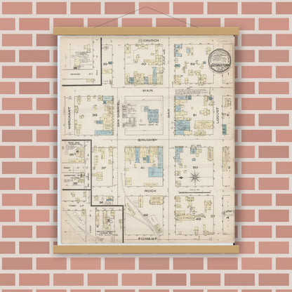 Old map wall art mockup — magnetic wood frame on brick wall — Sanborn Fire Insurance Map from Georgetown, Williamson County, Texas (1885), Sheet #0001