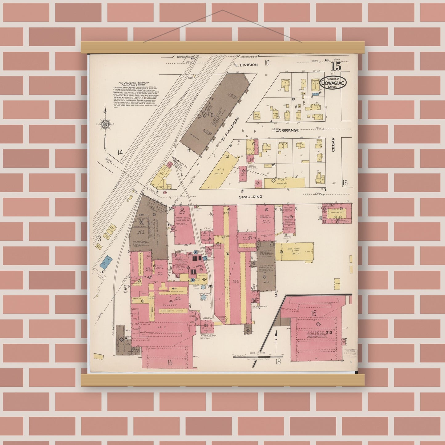 Old map wall art mockup — magnetic wood frame on brick wall — Sanborn Fire Insurance Map from Dowagiac, Cass County, Michigan (1922), Sheet #0015