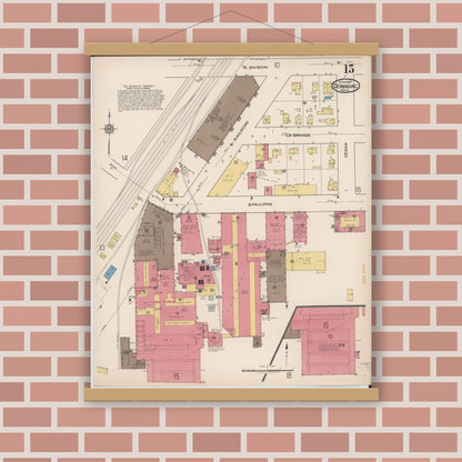 Old map wall art mockup — magnetic wood frame on brick wall — Sanborn Fire Insurance Map from Dowagiac, Cass County, Michigan (1922), Sheet #0015