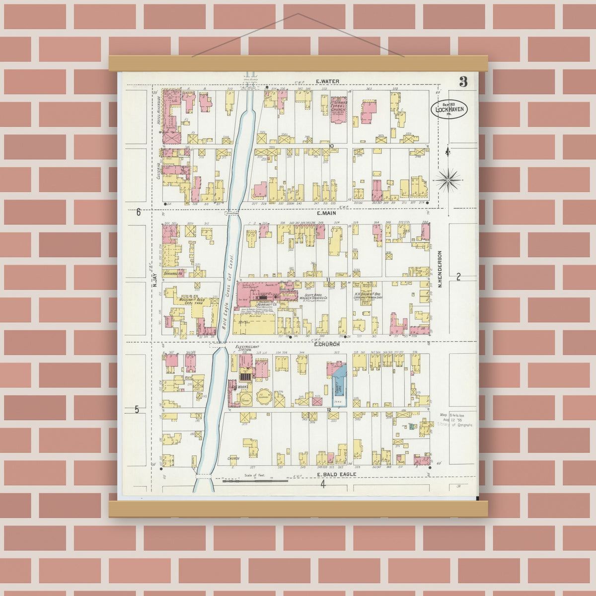 Old map wall art mockup — magnetic wood frame on brick wall — Sanborn Fire Insurance Map from Lock Haven, Clinton County, Pennsylvania (1901), Sheet #0003
