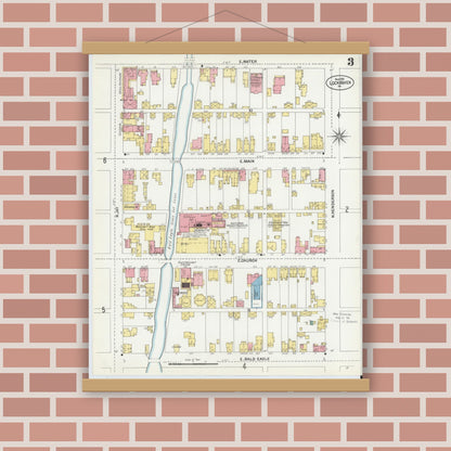 Old map wall art mockup — magnetic wood frame on brick wall — Sanborn Fire Insurance Map from Lock Haven, Clinton County, Pennsylvania (1901), Sheet #0003