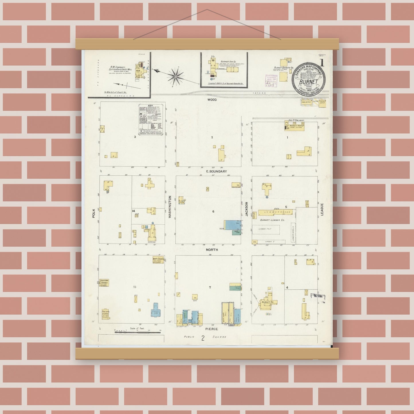 Old map wall art mockup — magnetic wood frame on brick wall — Sanborn Fire Insurance Map from Burnet, Burnet County, Texas (1907), Sheet #0001