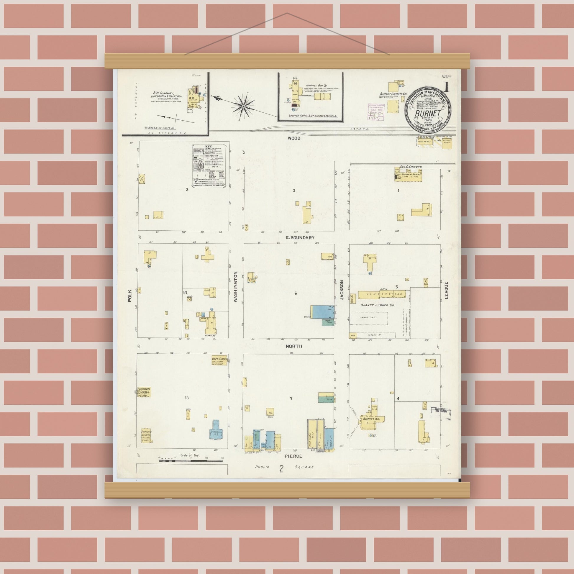 Old map wall art mockup — magnetic wood frame on brick wall — Sanborn Fire Insurance Map from Burnet, Burnet County, Texas (1907), Sheet #0001