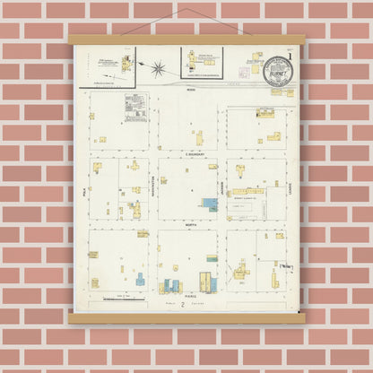 Old map wall art mockup — magnetic wood frame on brick wall — Sanborn Fire Insurance Map from Burnet, Burnet County, Texas (1907), Sheet #0001