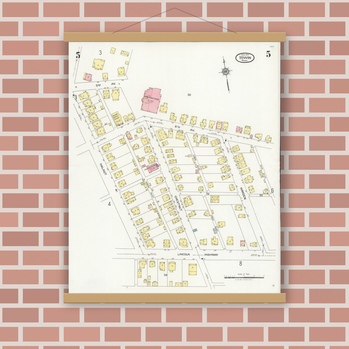 Old map wall art mockup — magnetic wood frame on brick wall — Sanborn Fire Insurance Map from Irwin, Westmoreland County, Pennsylvania (1925), Sheet #0005