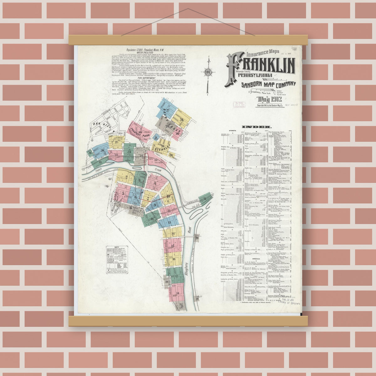 Old map wall art mockup — magnetic wood frame on brick wall — Sanborn Fire Insurance Map from Franklin, Venango County, Pennsylvania (1912), Sheet #0001